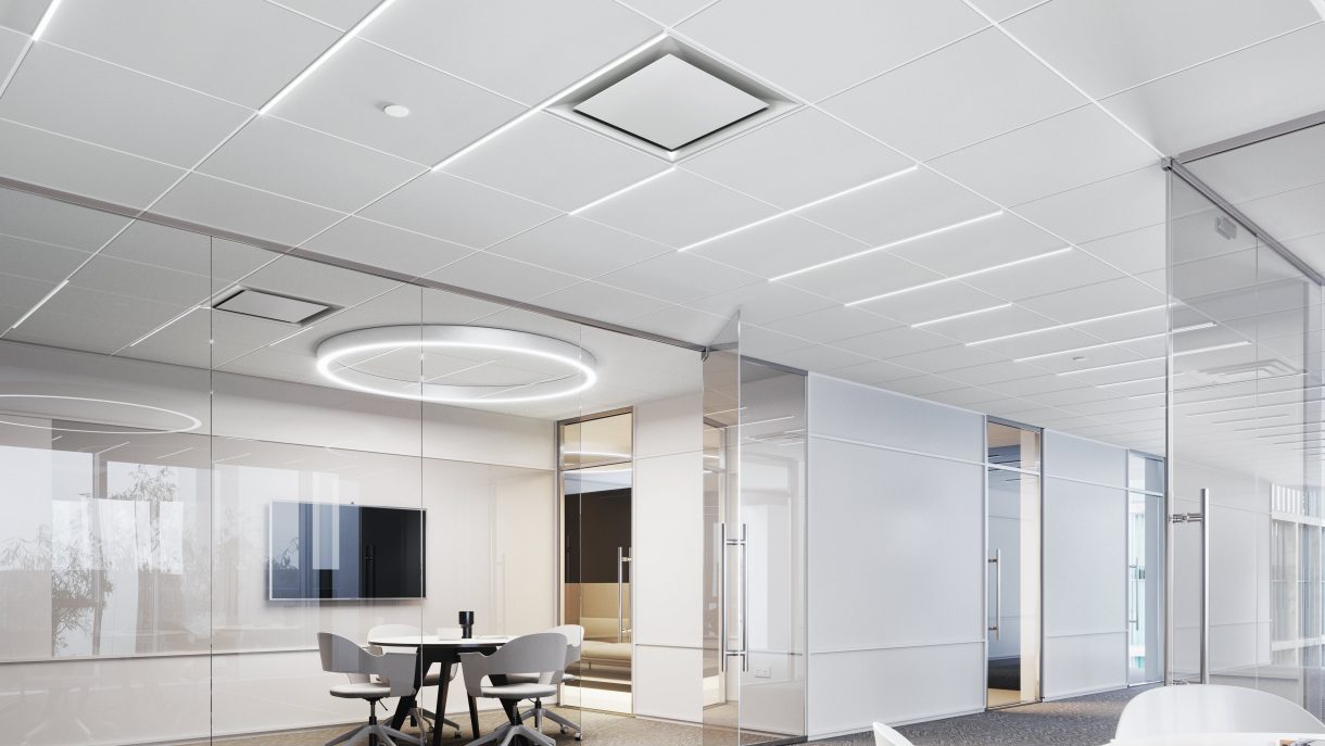 Armstrong ULTIMA Health Zone ceiling panels in an office corridor
