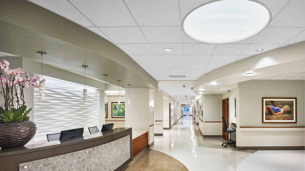 Armstrong ULTIMA Health Zone ceiling in a healthcare reception area